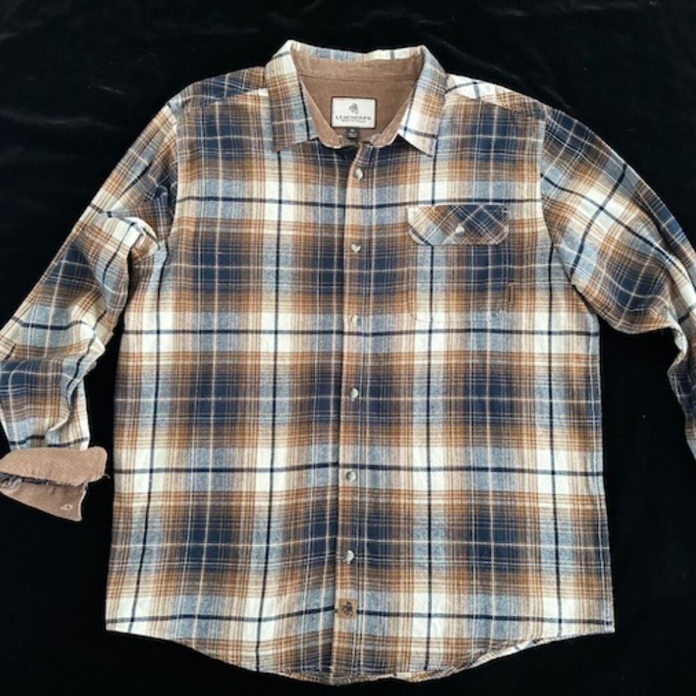 Mens LEGENDARY WHITETAILS Navy & Tan Plaid Flannel & Corduroy Fall Shirt Size XL